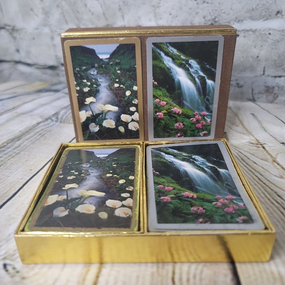 Vintage Waterfall Floral Double Deck Playing Cards Congress Ocean Water Flowers